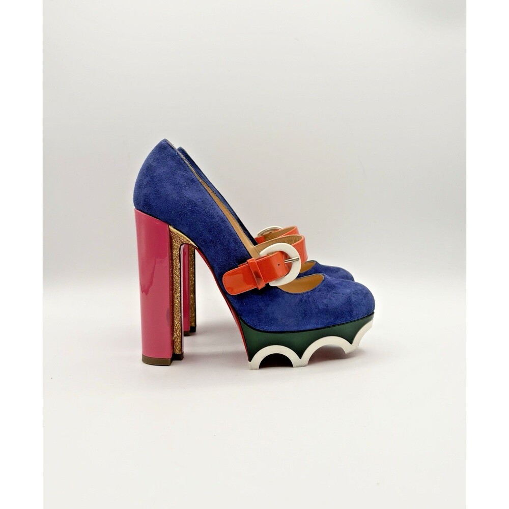 Christian Louboutin Forgeron Blue Suede Block Heel Mary Jane Pumps Sz EU 36